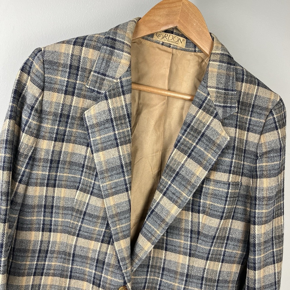 Vintage Gordon of Philadelphia Blazer Womens 16 Wool Blend‎ Gray Tan Plaid